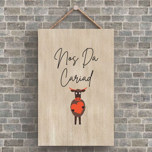 P4212 - Cow Nos Da Cariad Good Night Love Welsh Cute Animal Theme Wooden Hanging Plaque