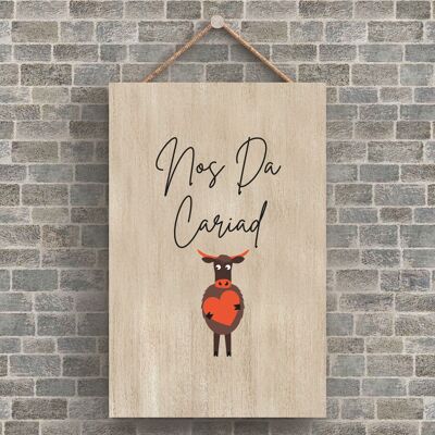 P4212 - Cow Nos Da Cariad Good Night Love Welsh Cute Animal Theme Placa colgante de madera