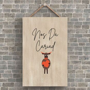 P4212 - Vache Nos Da Cariad Good Night Love Welsh Cute Animal Theme Plaque à suspendre en bois 1