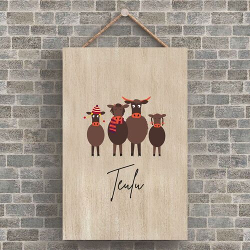 P4216 - Cow Teulu Family Welsh Cute Animal Theme Wooden Hanging Plaque