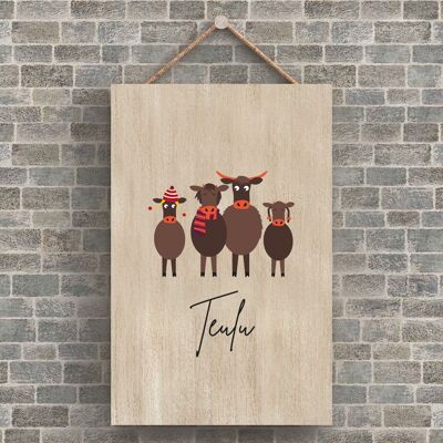P4216 – Kuh-Teulu-Familie walisisches süßes Tiermotiv aus Holz zum Aufhängen