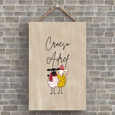 P4225 - Sheep Croeso Adref Welcome Home Welsh Cute Animal Theme Wooden Hanging Plaque