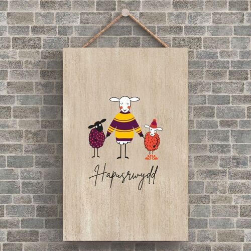 P4232 - Sheep Hapusrwydd Happiness Welsh Cute Animal Theme Wooden Hanging Plaque
