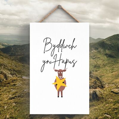 P4251 - Mucca Byddwch Yn Hapus Be Happy Welsh Cute Animal Theme Targa da appendere in legno