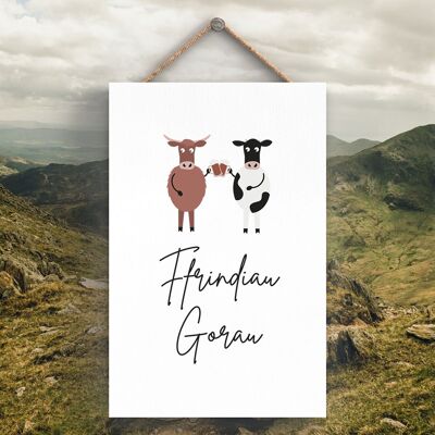 P4254 - Mucca Ffrindiau Goran Best Friends Welsh Cute Animal Theme Targa da appendere in legno