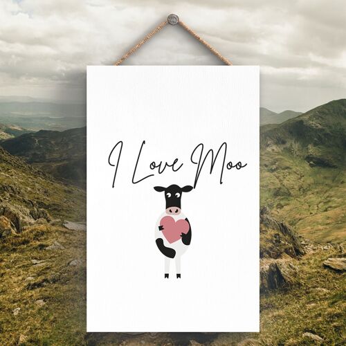 P4255 - Cow I Love Moo Cute Animal Theme Wooden Hanging Plaque