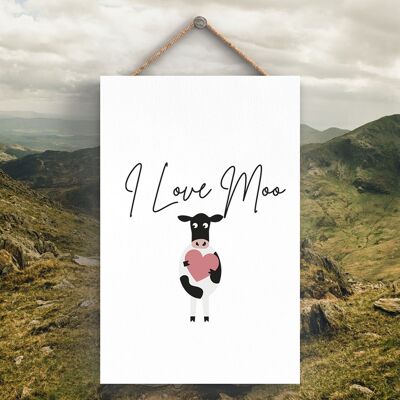 P4255 - Placa Colgante de Madera con Tema Animal Lindo Vaca I Love Moo