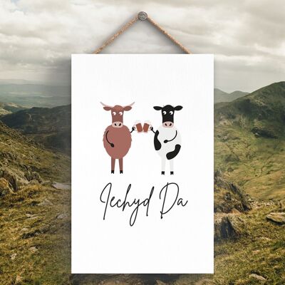P4256 - Cow Iechyd Da Good Health Welsh Cute Animal Theme Wooden Hanging Plaque