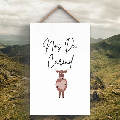 P4261 - Cow Nos Da Cariad Good Night Love Welsh Cute Animal Theme Wooden Hanging Plaque
