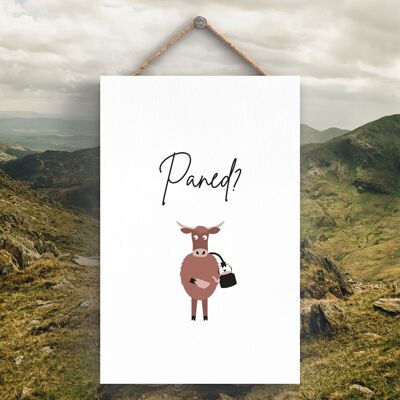 P4263 - Cow Paned Cuppa Welsh Cute Animal Theme Wooden Hanging Plaque