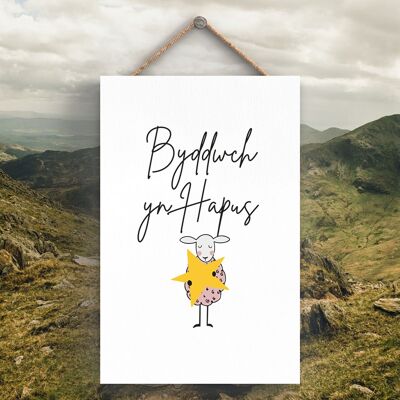 P4272 - Sheep Byddwch Yn Hapus Be Happy Targa da appendere in legno a tema animale carino