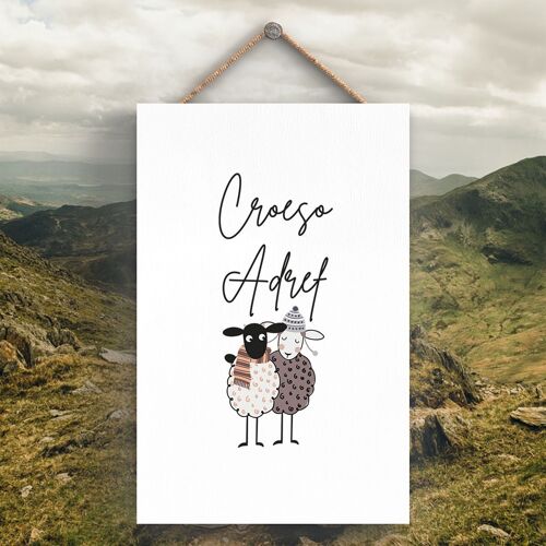 P4274 - Sheep Croeso Adref Welcome Home Welsh Cute Animal Theme Wooden Hanging Plaque