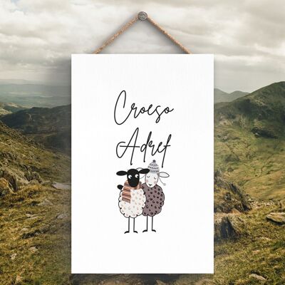 P4274 - Oveja Croeso Adref Welcome Home Welsh Cute Animal Theme Placa colgante de madera