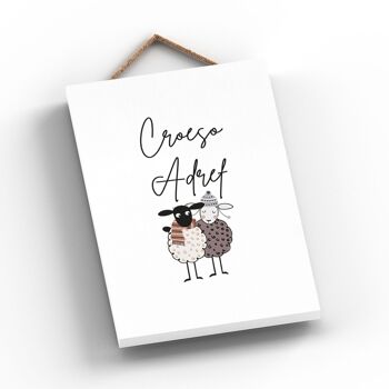 P4274 - Mouton Croeso Adref Welcome Home Welsh Cute Animal Theme Plaque à suspendre en bois 2