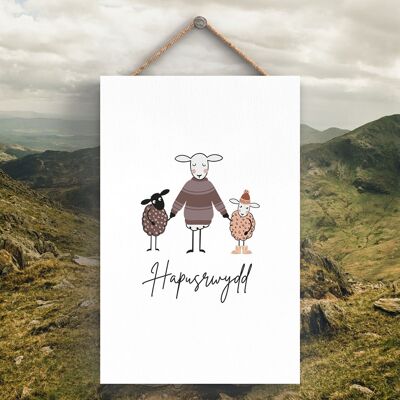 P4281 - Sheep Hapusrwydd Happiness Welsh Cute Animal Theme Wooden Hanging Plaque