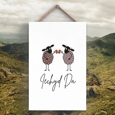 P4283 - Sheep Iechyd Da Good Health Welsh Cute Animal Theme Wooden Hanging Plaque