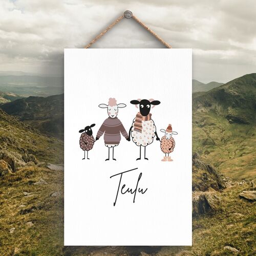 P4289 - Sheep Teulu Family Welsh Cute Animal Theme Wooden Hanging Plaque