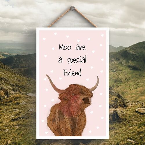P4296 - Water Moo Are A Special Friend Watercolour Animal Theme Wooden Hanging Plaque