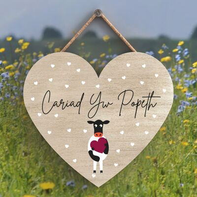 P4301 - Cow Cariad Yw Popeth Love Is Everything Wlesh Cute Animal Theme Wooden Hanging Plaque