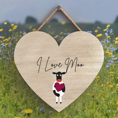 P4304 - Cow I Love Moo Cute Animal Theme Wooden Hanging Plaque