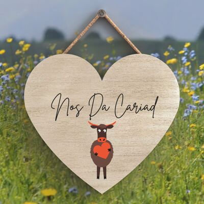 P4310 - Cow Nos Da Cariad Good Night Love Welsh Cute Animal Theme Wooden Hanging Plaque