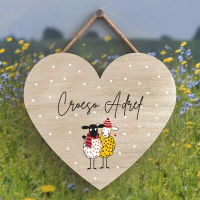 P4323 - Sheep Croeso Adref Welcome Home Welsh Cute Animal Theme Wooden Hanging Plaque