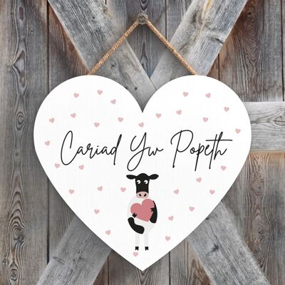 P4348 - Cow Cariad Yw Popeth Love Is Everything Wlesh Cute Animal Theme Wooden Hanging Plaque