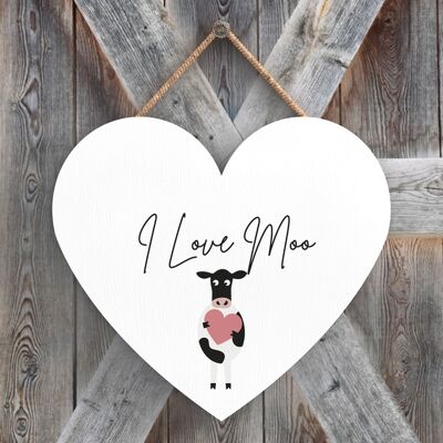 P4351 - Placa Colgante de Madera con Tema Animal Lindo Vaca I Love Moo