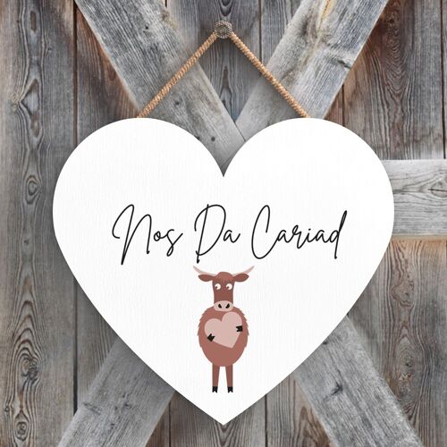 P4357 - Cow Nos Da Cariad Good Night Love Welsh Cute Animal Theme Wooden Hanging Plaque