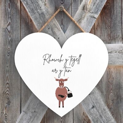 P4360 – Cow Rhowch Y Tegell Ar Y Tan setzen den Wasserkocher auf Welsh Cute Animal Theme Plaque