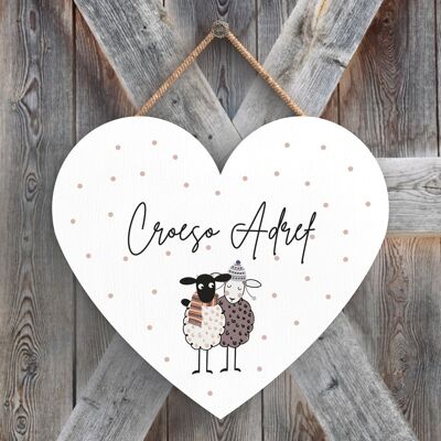 P4370 - Sheep Croeso Adref Welcome Home Welsh Cute Animal Theme Wooden Hanging Plaque