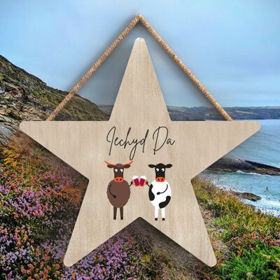 P4401 - Vache Iechyd Da Good Health Welsh Cute Animal Theme Plaque à suspendre en bois