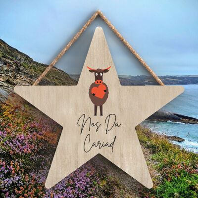 P4406 - Mucca Nos Da Cariad Good Night Love Welsh Cute Animal Theme Targa da appendere in legno