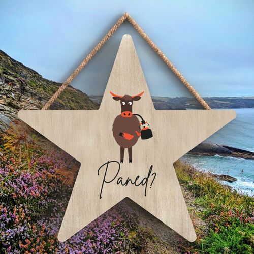 P4408 - Cow Paned Cuppa Welsh Cute Animal Theme Wooden Hanging Plaque