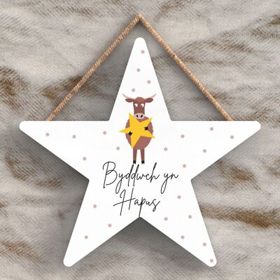 P4439 - Cow Byddwch Yn Hapus Be Happy Welsh Cute Animal Theme Wooden Hanging Plaque