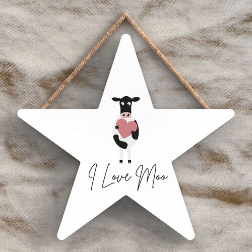 P4443 - Cow I Love Moo Cute Animal Theme Wooden Hanging Plaque
