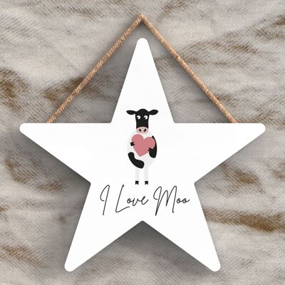 P4443 - Vaca I Love Moo Cute Animal Theme Placa Colgante de Madera
