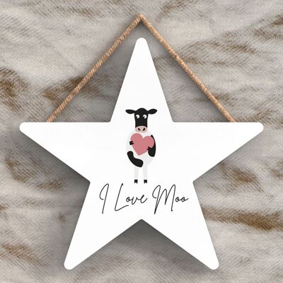 P4443 – Kuh I Love Moo niedliches Tiermotiv Holzschild zum Aufhängen