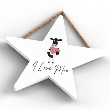 P4443 - Vache I Love Moo Plaque à suspendre en bois sur le thème des animaux mignons 4