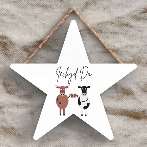 P4444 - Cow Iechyd Da Good Health Welsh Cute Animal Theme Wooden Hanging Plaque