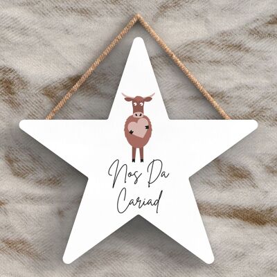 P4449 - Cow Nos Da Cariad Good Night Love Welsh Cute Animal Theme Wooden Hanging Plaque