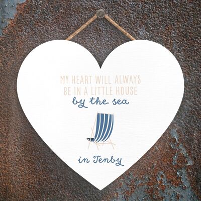 P4589_TENBY - House By The Sea In Tenby Seaside Beach Themed Nautical Heart Hanging Plaque