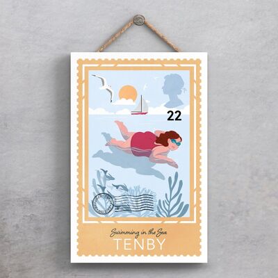 P4595 - Placa colgante de idea de regalo con tema de playa soleada nadando en el mar
