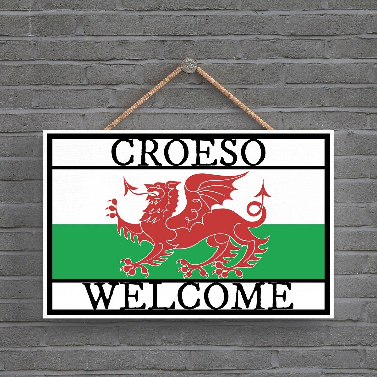 P4596 - Croeso Welcome Welsh Dragon Sign Welsh Flag Targa decorativa in legno da appendere