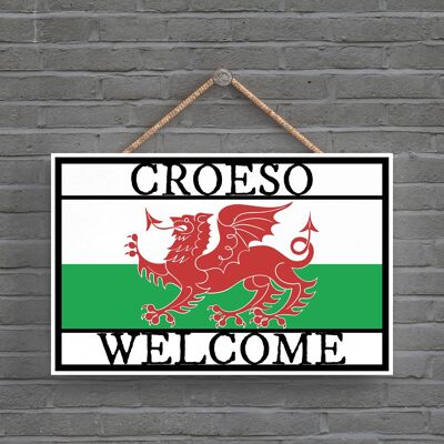 P4596 - Croeso Welcome Welsh Dragon Sign Welsh Flag Decorative Hanging Wooden Plaque
