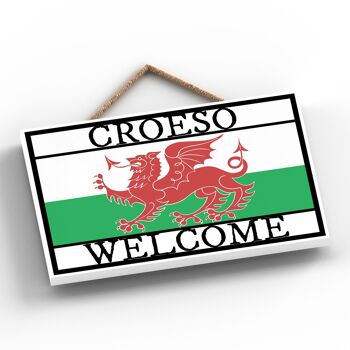 P4596 - Croeso Welcome Welsh Dragon Sign Welsh Flag Plaque décorative en bois à suspendre 2
