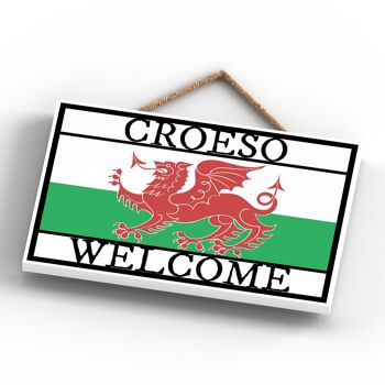 P4596 - Croeso Welcome Welsh Dragon Sign Welsh Flag Plaque décorative en bois à suspendre 4