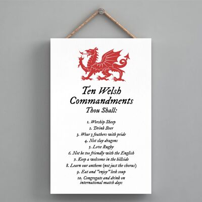P4600 - Ten Welsh Commandments Welsh Dragon Sign Decorative Hanging Wooden Plaque