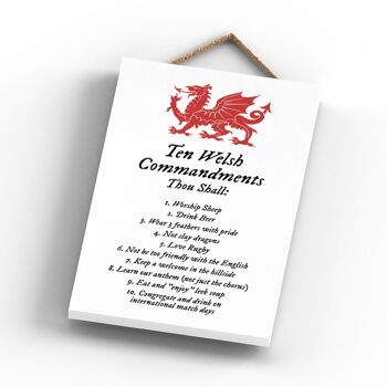 P4600 - Ten Welsh Commandments Welsh Dragon Sign Plaque décorative en bois à suspendre 3