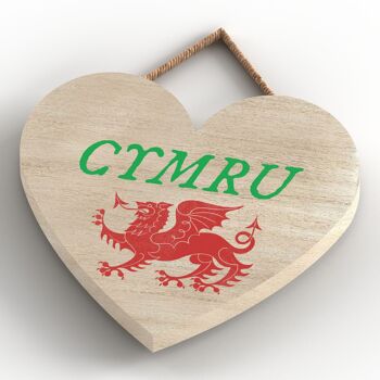 P4612 - Cymru Welsh Dragon Location Plaque à Suspendre Coeur en Bois 4